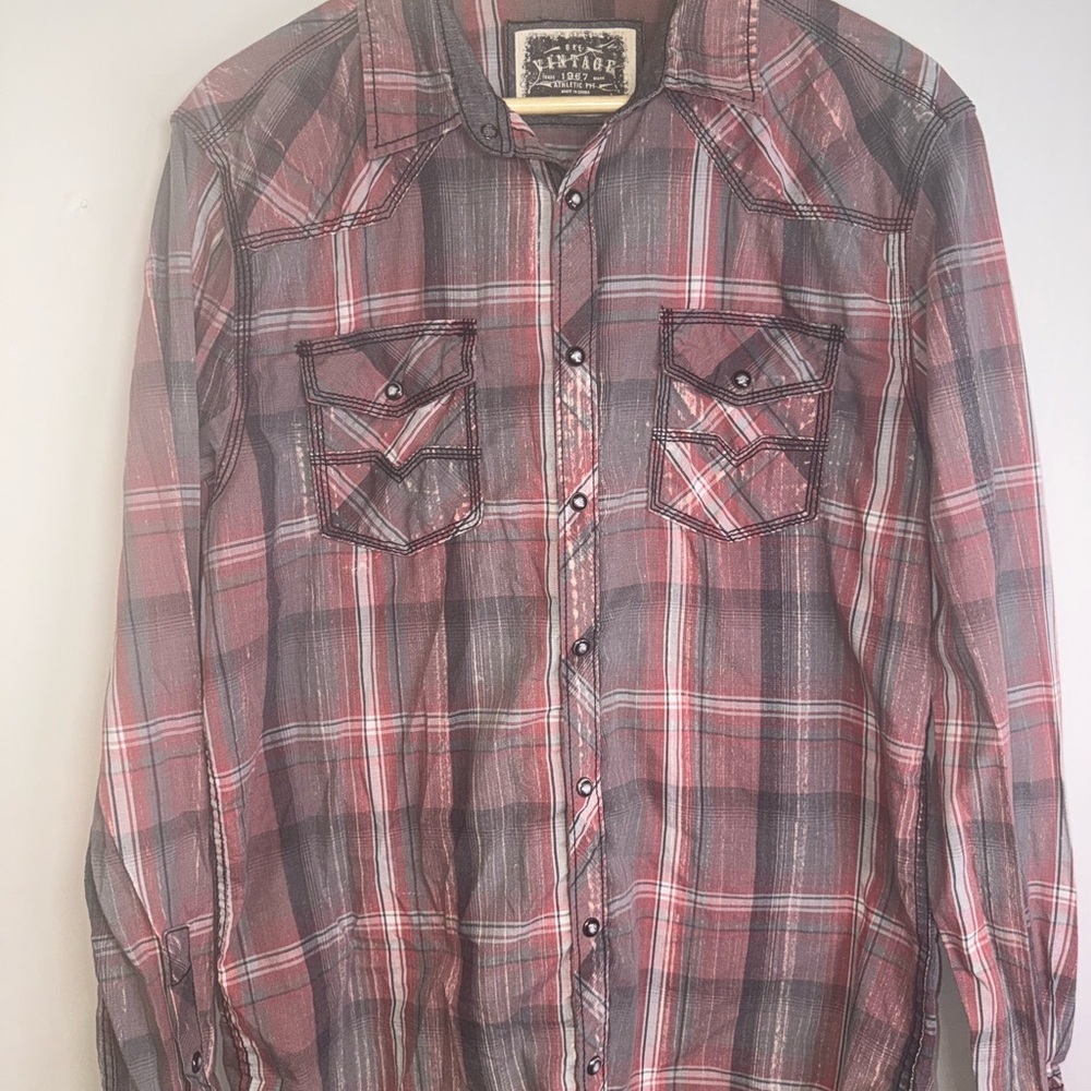 BKE‎ Vintage style button up Plaid Men's Shirt pearl buttons L